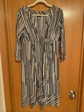 BCBGMaxAzria Vertical Stripe V-Neck Midi Dress in Blue, Cream, Tan, and Gray